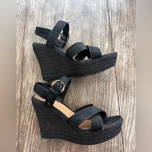 UGG Black Embossed Snake Suede Wedge Sandals, Size 8